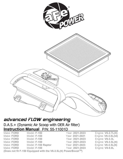 aFe 21-24 Ford F-150 V6/V8 Dynamic Air Scoop w/ Pro DRY S Filter | Ford F-150 (21-24) (55-11001D)
