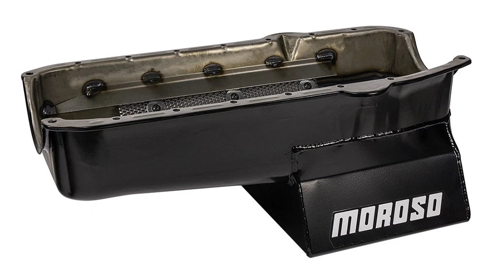 Moroso 80-85 Chevrolet SBC (w/Passenger Side Dipstick) Wet Sump 7qt 8.25in Steel Oil Pan - Black