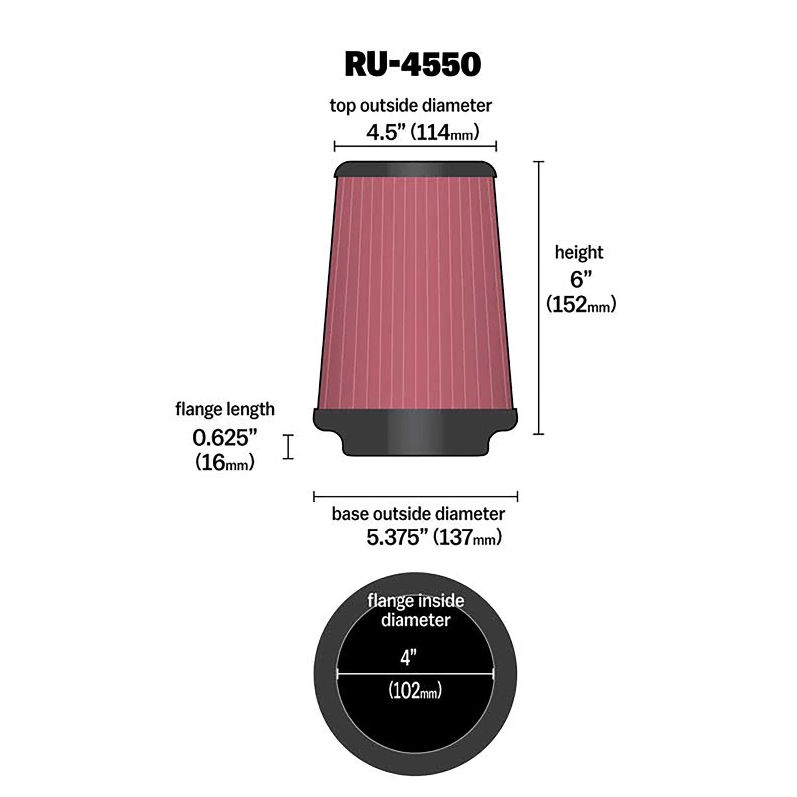 K&N RU-4550 Universal Round Tapered Performance Washable Air Filter for Intake