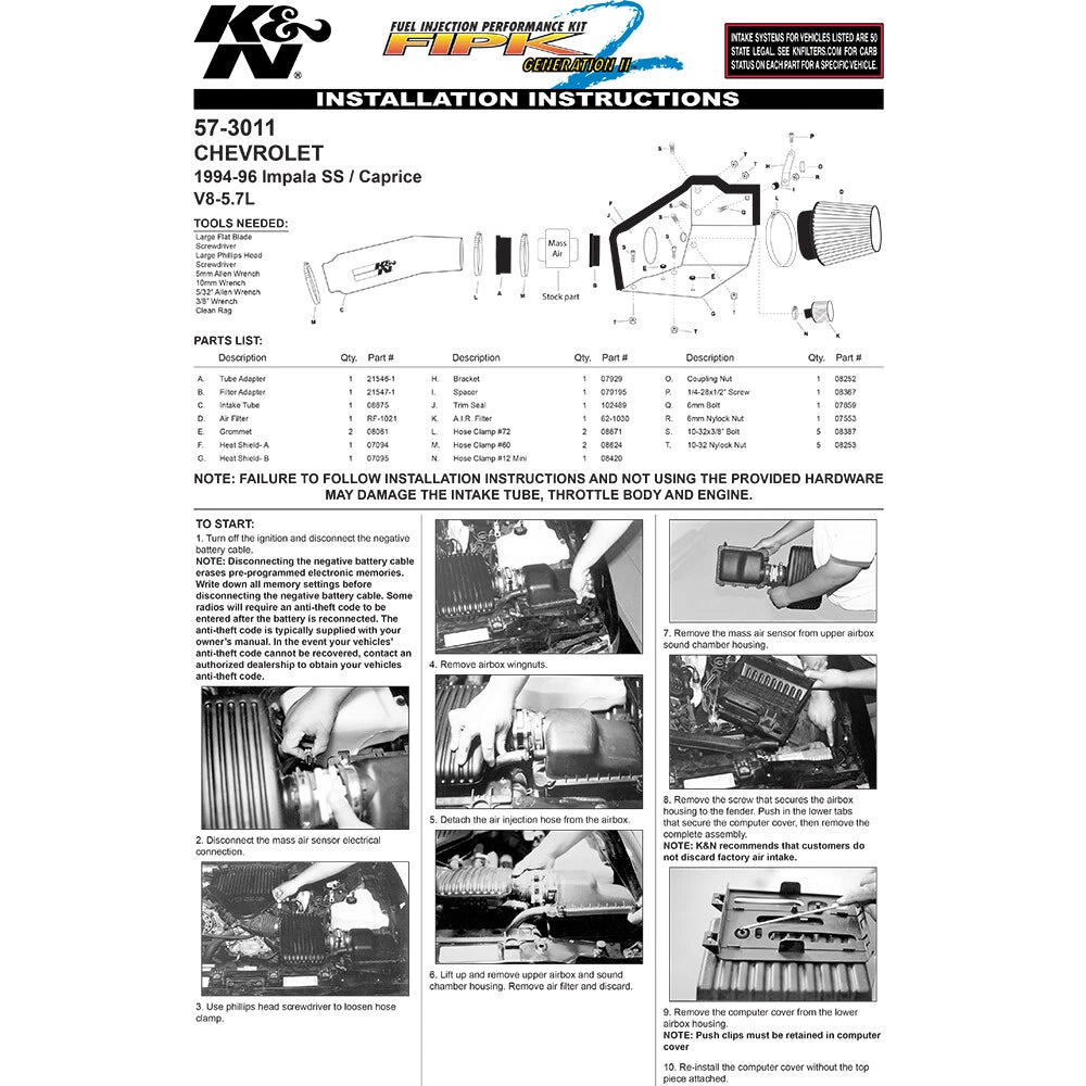 K&N Engineering Performance Intake Kit: Chevy Impala SS 1994 - 1996 / Caprice 1994 - 1996