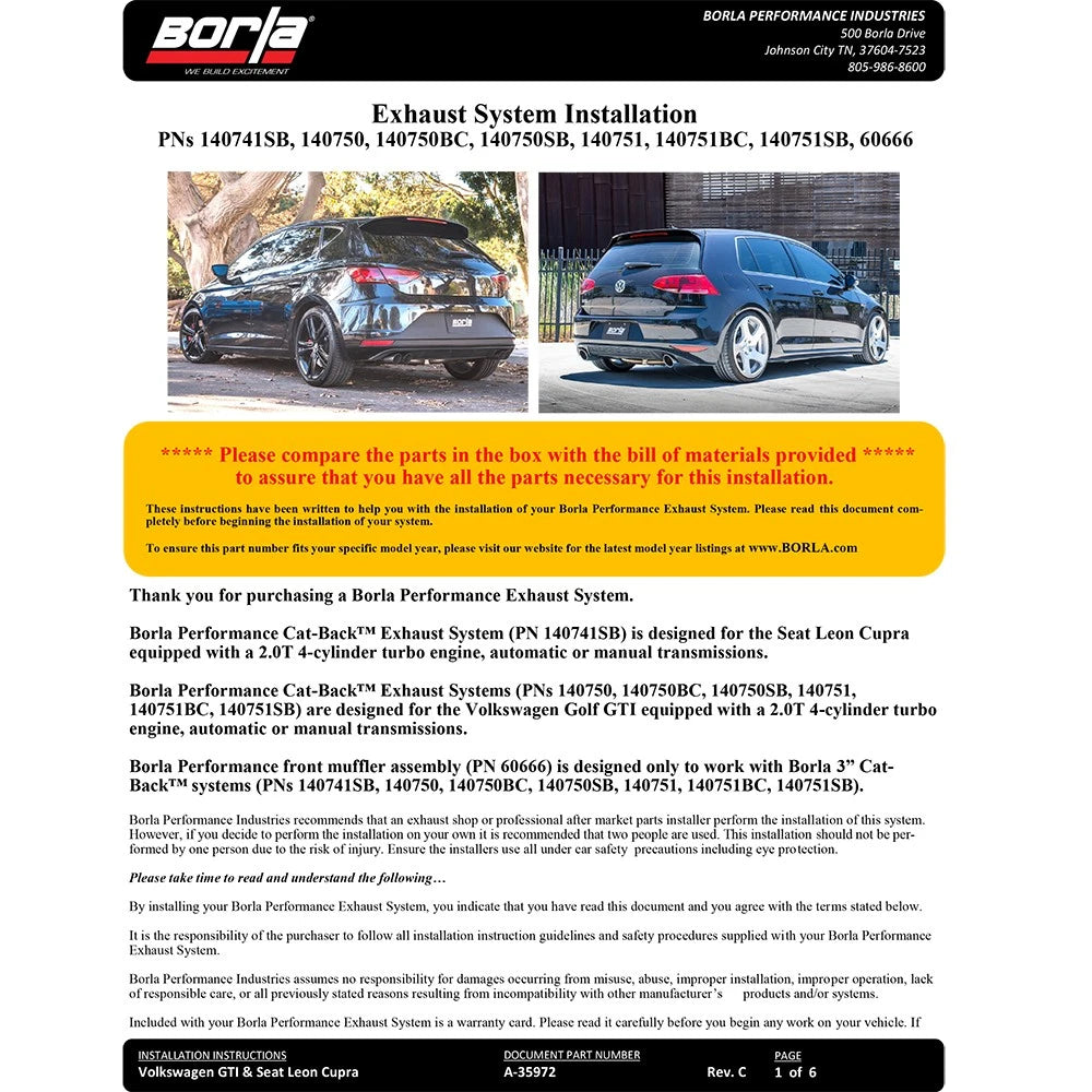 Borla S-Type Catback Exhaust | 2015-2017 Volkswagen GTI MK7 (140750)