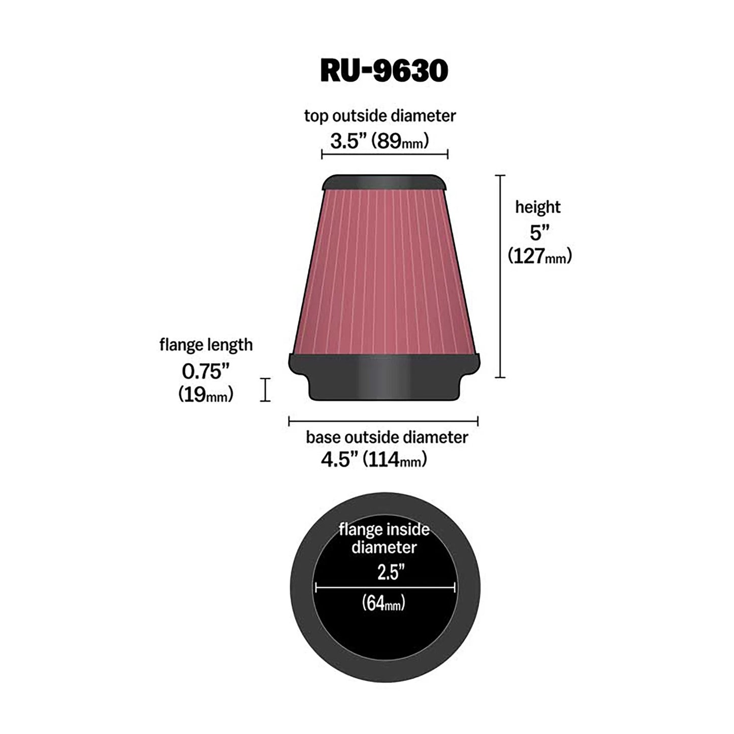 K&N RU-9630 Universal Round Tapered Performance Washable Air Filter for Intake