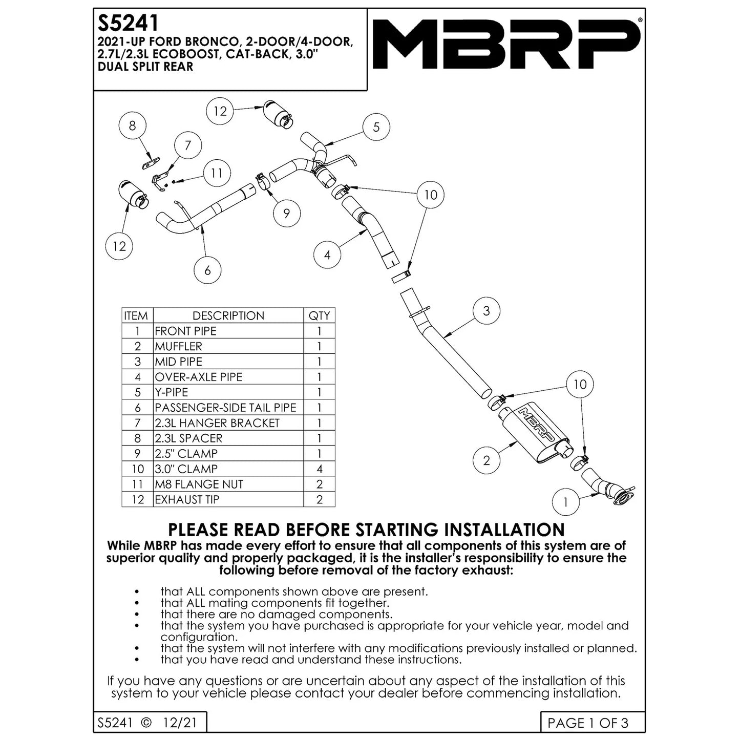 MBRP 3" Armor Pro D&S Dual Rear Exit Catback | Ford Bronco (21-22) (S5241304)