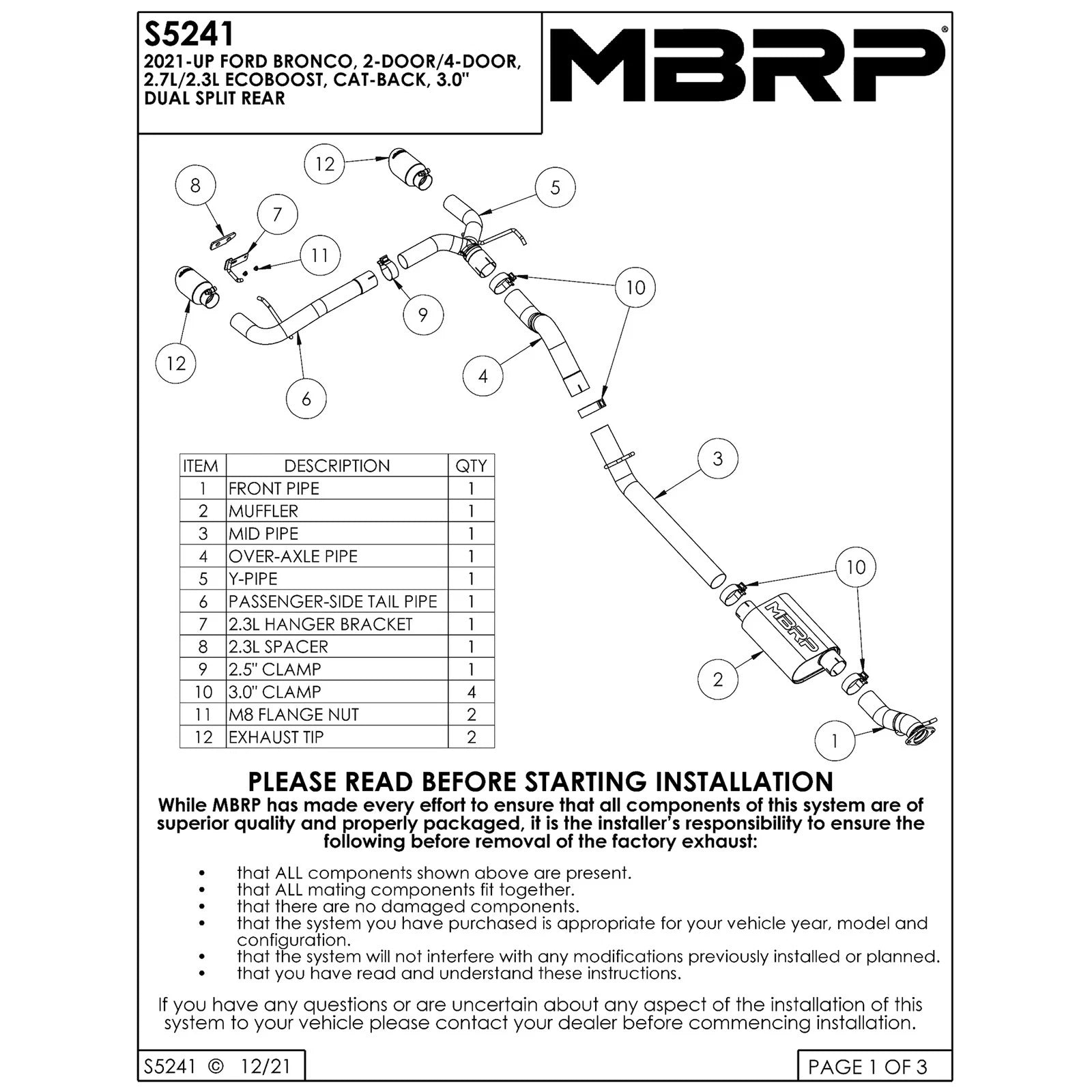 MBRP 3" Armor Pro D&S Dual Rear Exit Catback | Ford Bronco (21-22) (S5241304)