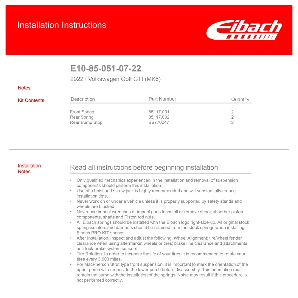 Eibach PRO-KIT Lowering Springs | 2022+ Volkswagen GTI MK8 (E10-85-051-07-22)
