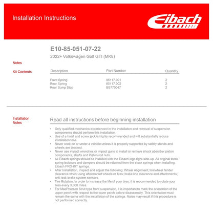 Eibach PRO-KIT Lowering Springs | 2022+ Volkswagen GTI MK8 (E10-85-051-07-22)