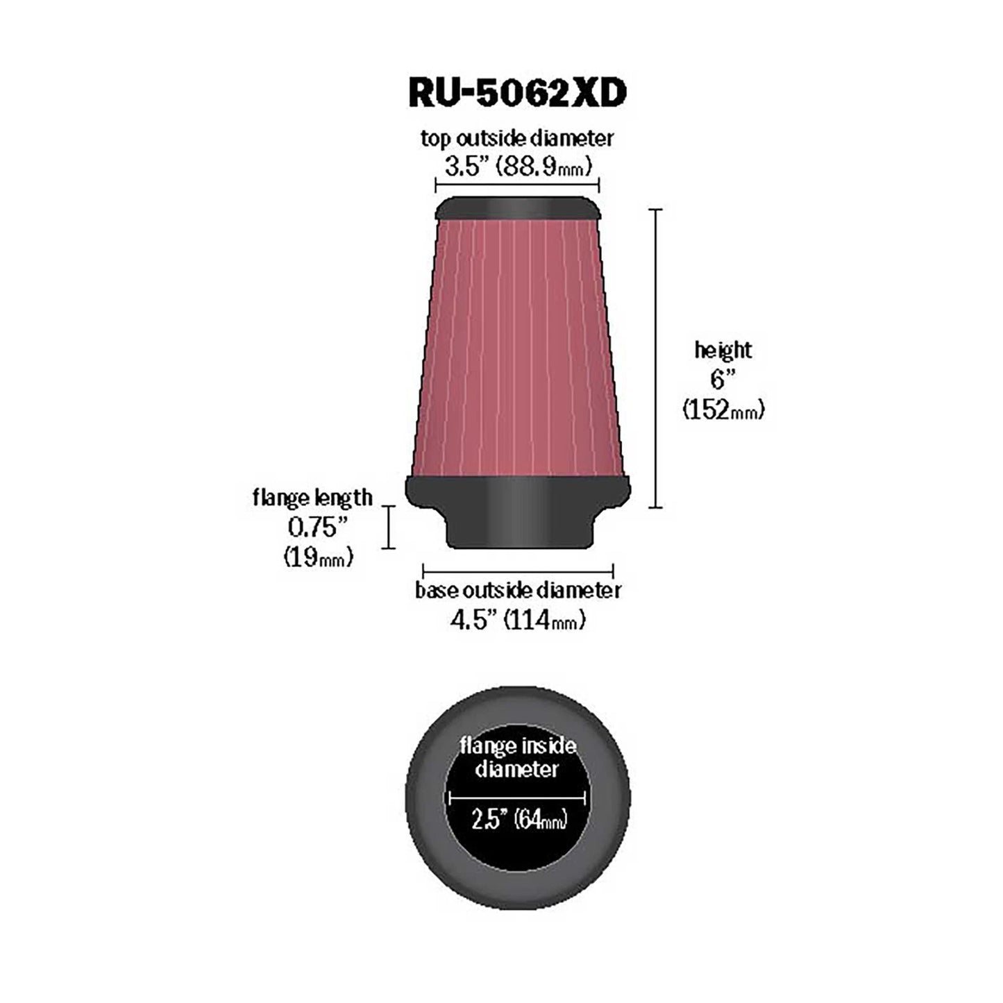 K&N RU-5062XD Universal Round Tapered PerformanceWashable Air Filter for Intake