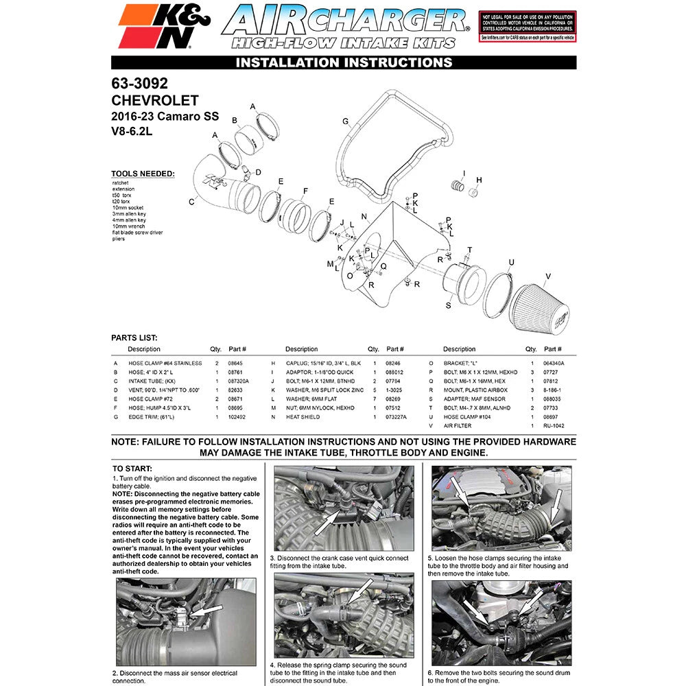 K&N 2016 Chevy Camaro SS V8-6.2L AirCharger Performance Intake | Chevrolet Camaro (16) (63-3092)