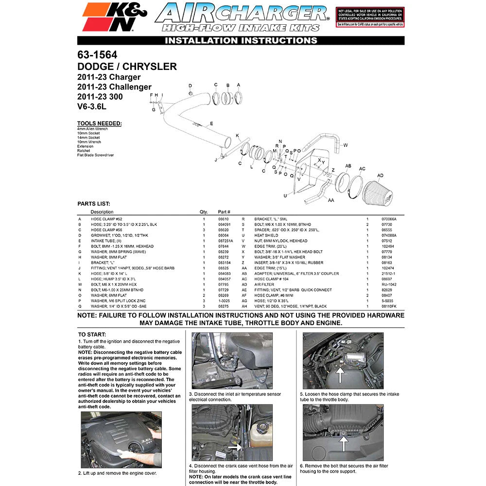 K&N 11-12 Dodge Challenger/Charger / 11-12 Chrysler 300 3.6L V6 AirCharger Performance Intake | Dodge Challenger / Charger / Chrysler 300 (11-12) (63-1564)