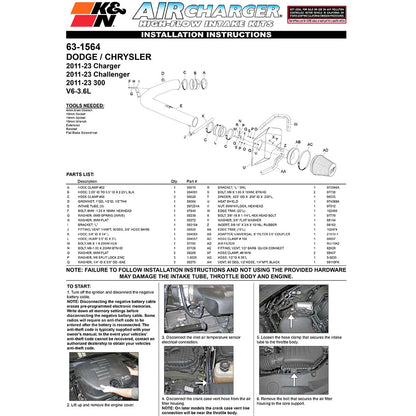 K&N 11-12 Dodge Challenger/Charger / 11-12 Chrysler 300 3.6L V6 AirCharger Performance Intake | Dodge Challenger / Charger / Chrysler 300 (11-12) (63-1564)