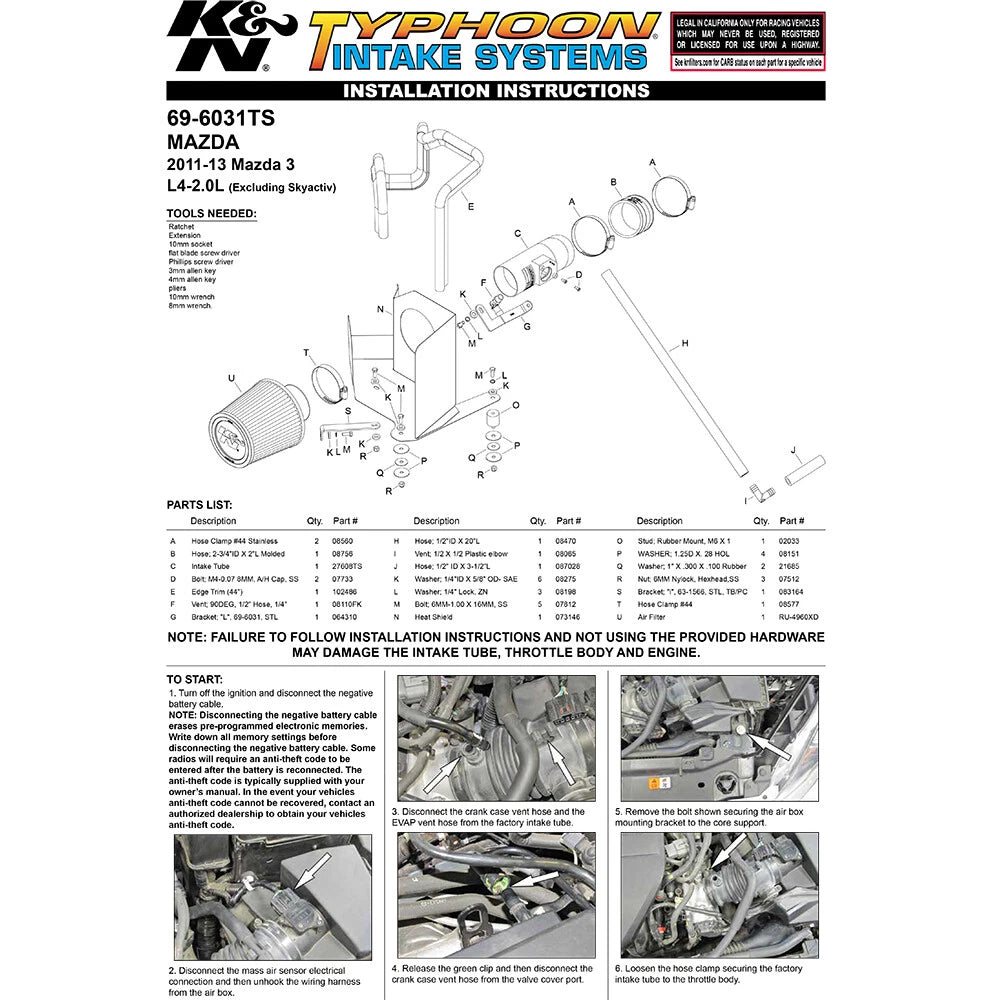 K&N 69 Series Typhoon Performance Intake Kit | Mazda 3 (11-13) (69-6031TS)