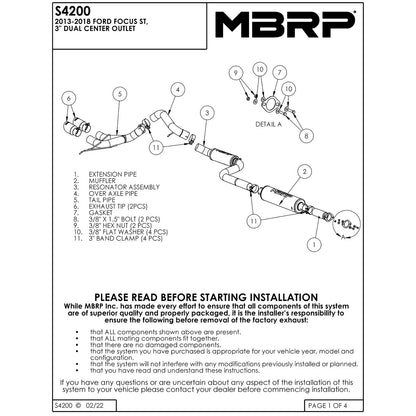 MBRP 3in Dual Center Outlet Cat-Back Exhaust | Ford Focus ST 2.0L EcoBoost (13-14) (S4200AL)