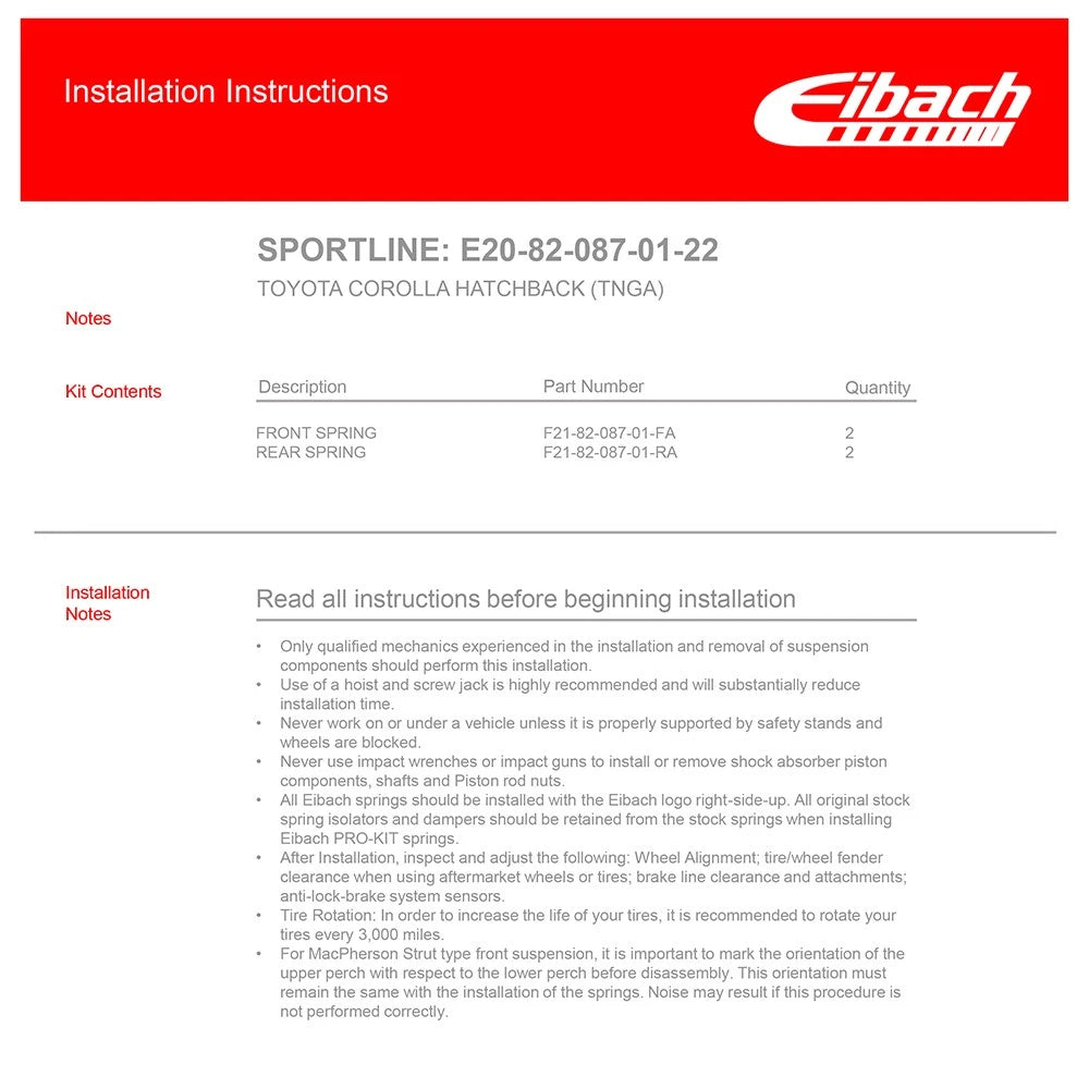 Eibach Sportline Lowering Springs Kit | 2019+ Toyota Corolla Hatch (E20-82-087-01-22)