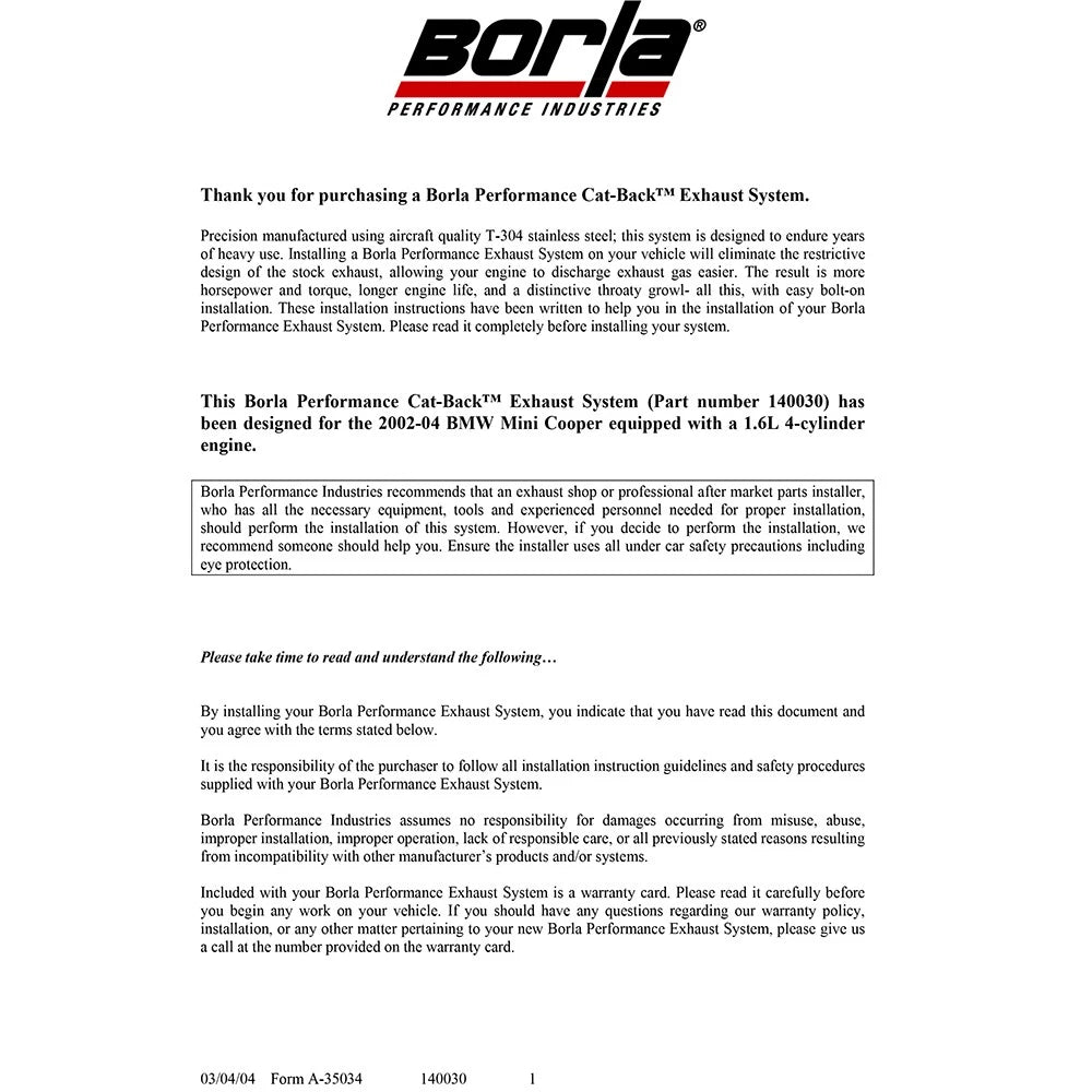 Borla Cat-Back Exhaust System - Touring | 2002-2007 Mini Cooper 1.6L (140030)