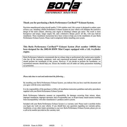 Borla Cat-Back Exhaust System - Touring | 2002-2007 Mini Cooper 1.6L (140030)
