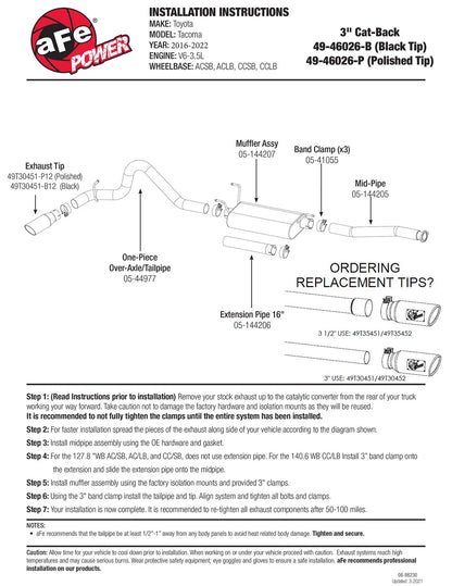 aFe Mach Force-Xp 3in SS Cat-Back Exhaust | Toyota Tacoma V6 (16-23) (49-46026-B)