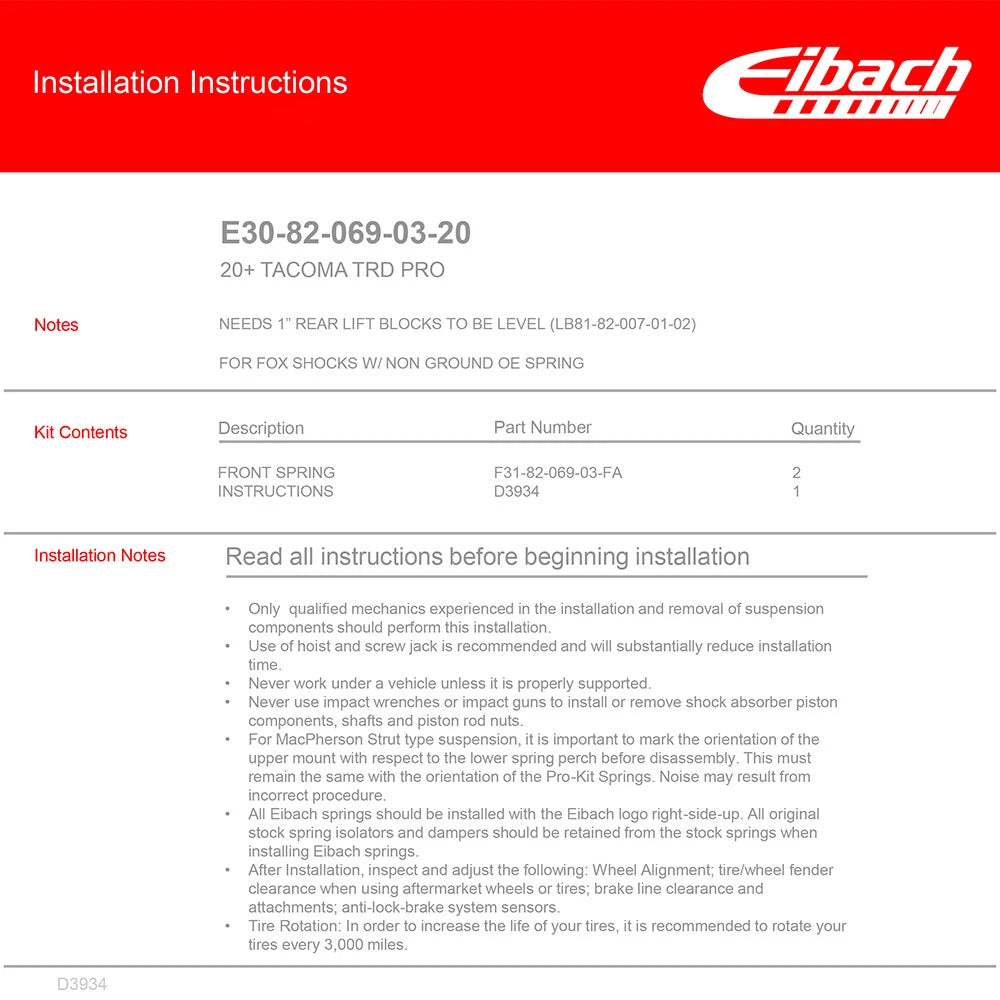 Eibach Pro-Truck Lift Kit for 2020 Toyota Tacoma TRD Pro Double Cab 3.5L V6 4WD