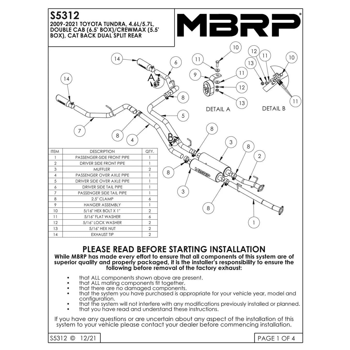 MBRP 2.5in. Dual Split Rear Cat-Back Exhaust | Toyota Tundra 09-21 (S5312409) (S5312409)