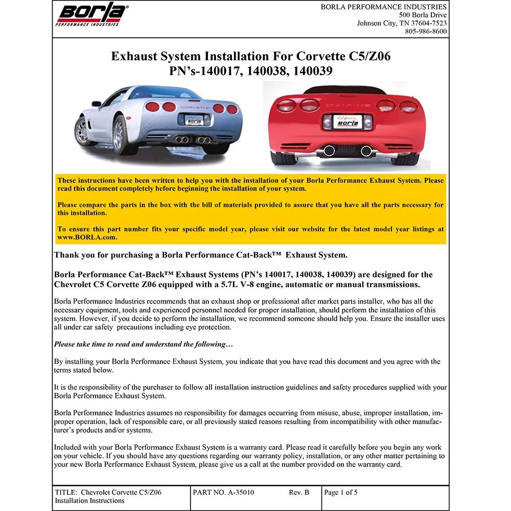 Borla Axle-Back "Stinger" S-Type Exhaust | 1997-2004 Corvette C5 incl. Z06 (140017)