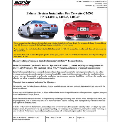 Borla Axle-Back "Stinger" S-Type Exhaust | 1997-2004 Corvette C5 incl. Z06 (140017)
