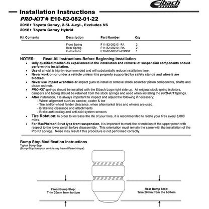 Eibach Pro-Kit | 2018-2023 Toyota Camry (E10-82-082-01-22)