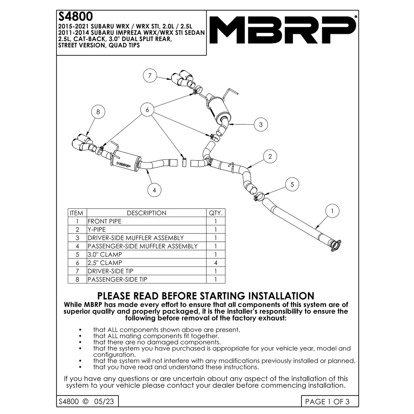 MBRP Pro Series 3" Cat-Back Exhaust - Street Version | 2015-2021 Subaru WRX/STI (S4800)