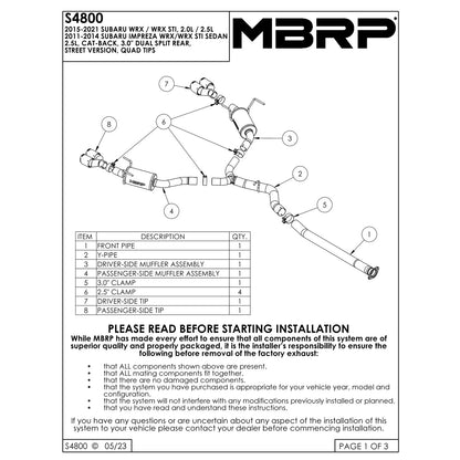 MBRP Pro Series 3" Cat-Back Exhaust - Street Version | 2015-2021 Subaru WRX/STI (S4800)