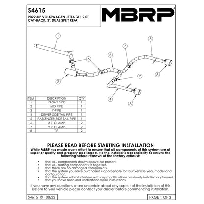 MBRP 3in T304 SS Cat-Back Exhaust | VW Jetta GLI 2.0 TSI (22+) (S46153CF)