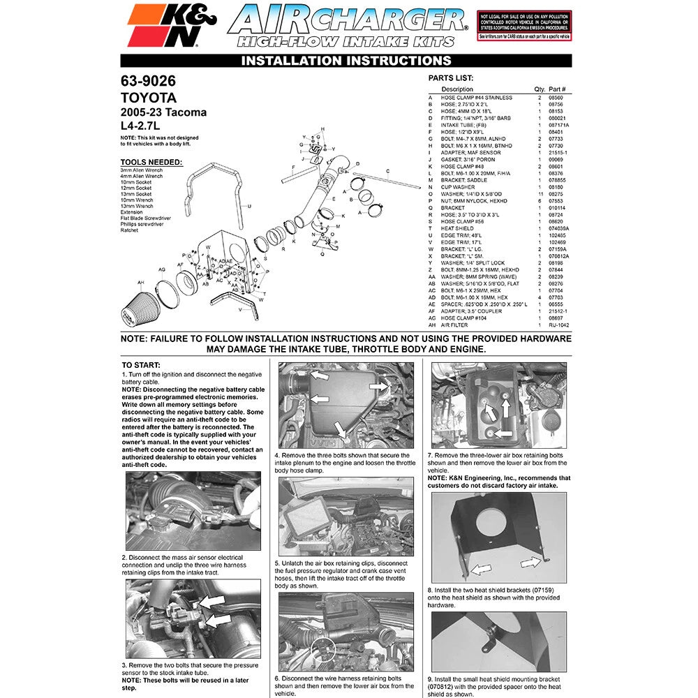 K&N 05-09 Toyota Tacoma L4-2.7L AirCharger Performance Intake | Toyota Tacoma (05-09) (63-9026)