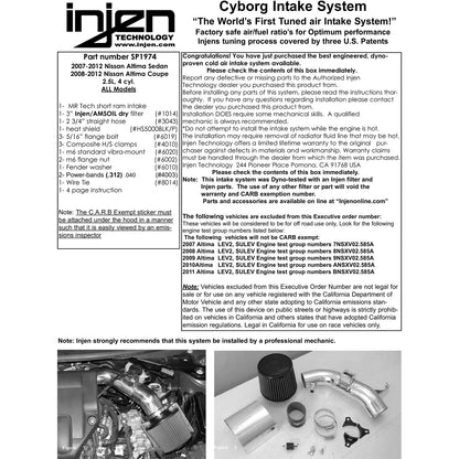 Injen Black Short Ram Intake w/ Heat Shield | Nissan Altima 2.5L (07-09) (SP1974BLK)