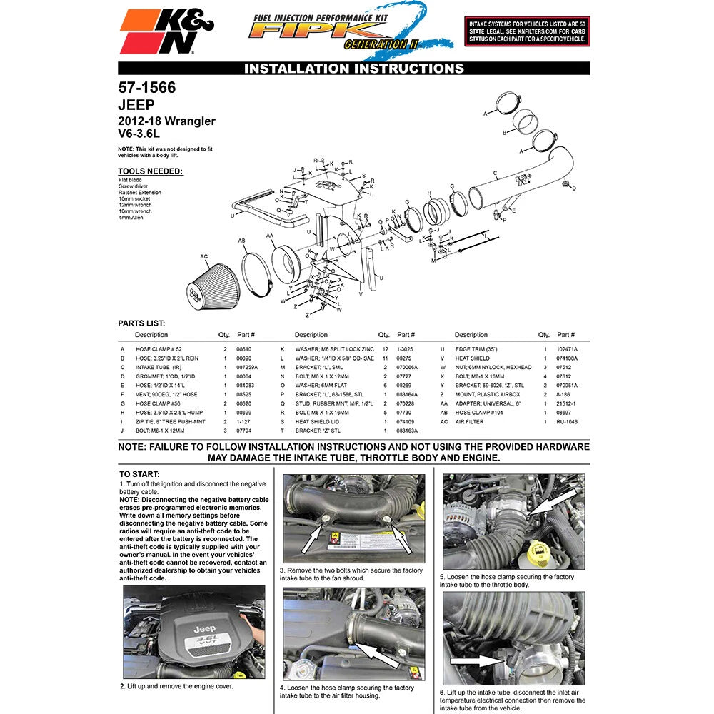 K&N Performance Intake Kit | Jeep Wrangler V6 3.6L (12-14) (57-1566)