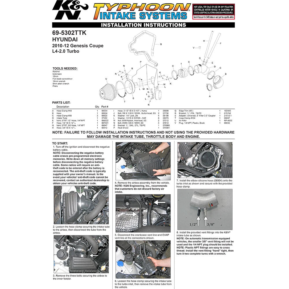 K&N Typhoon Air Intake System | 2009-2012 Hyundai Genesis Coupe 2.0T (69-5302TTK)