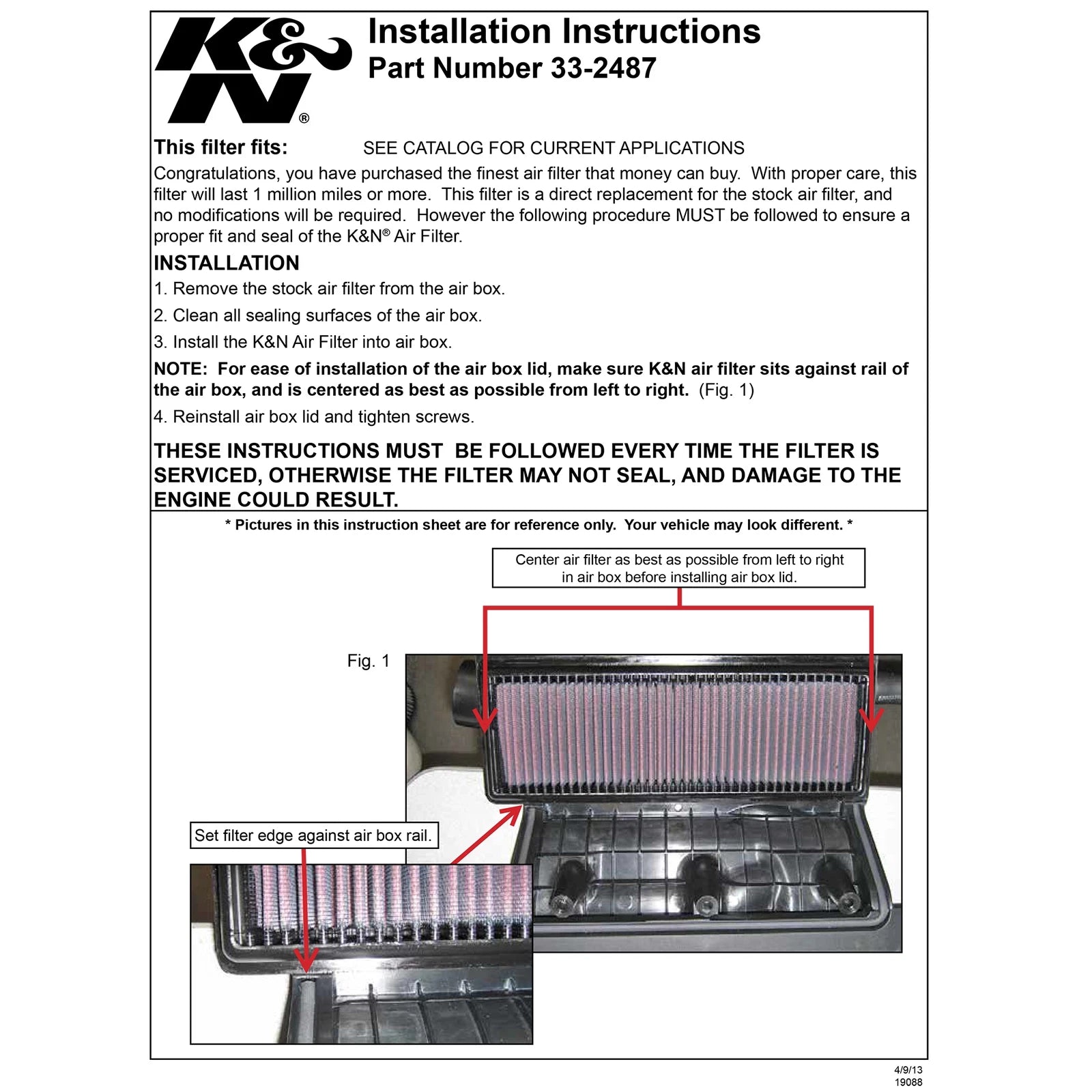 K&N 33-2487 Performance Air Filter for 2012-19 Fiat 500 / 13-14 500 Abarth 1.4L