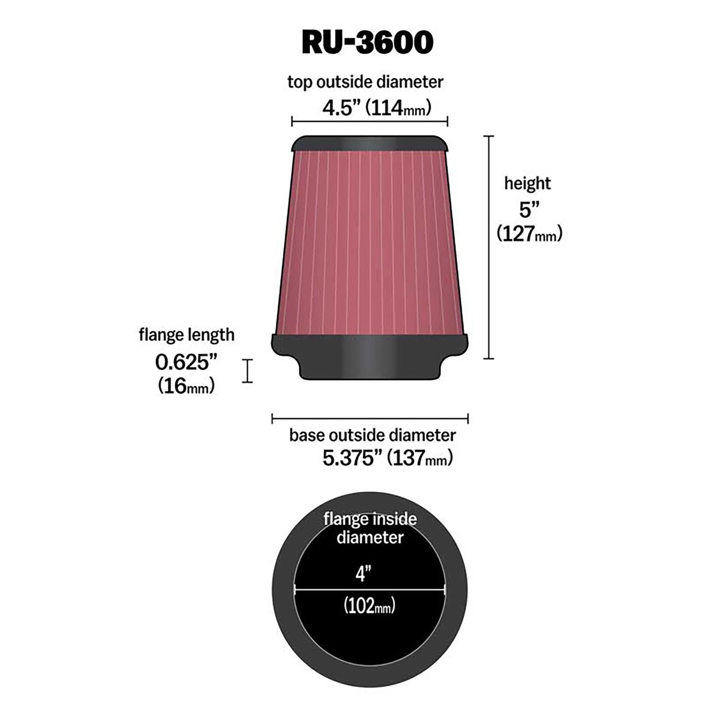K&N RU-3600 Universal Round Tapered Performance Washable Air Filter for Intake