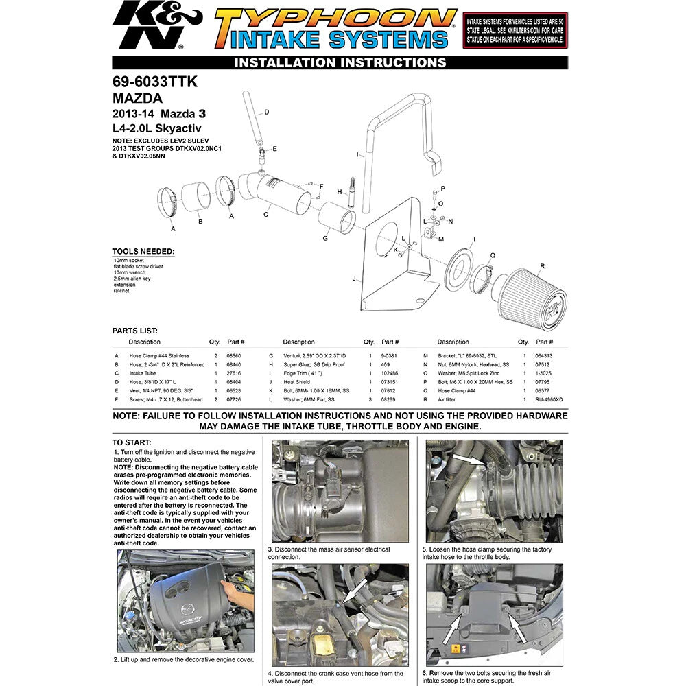 K&N 69 Series Typhoon Performance Intake Kit | Mazda 3 2.0L (13-14) (69-6033TTK)