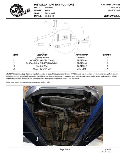 aFe 2.5in SS Axle-Back Exhaust w/ Black Tips | Hyundai Kona AWD (18-22) (49-37017NM-B)