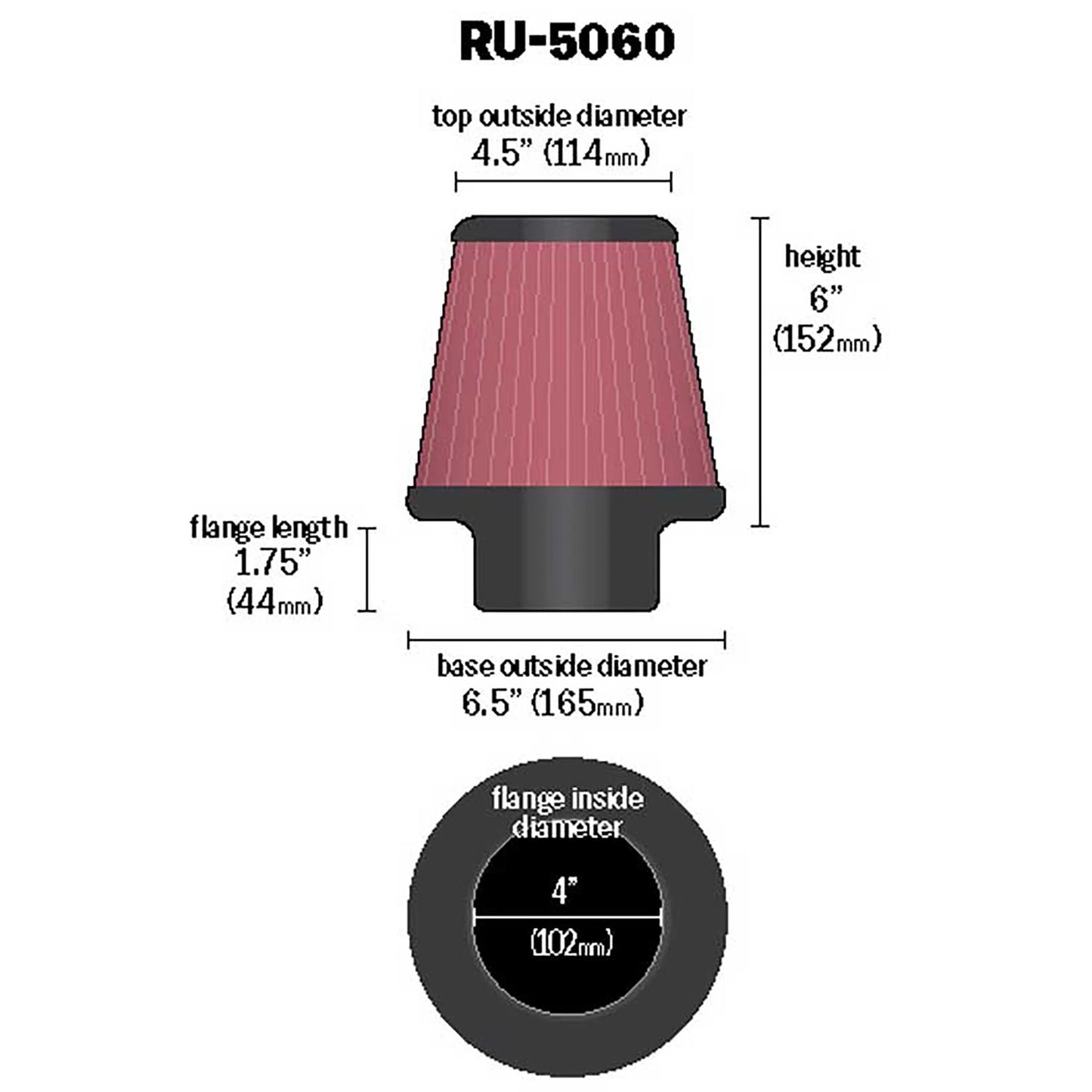 K&N RU-5060 Universal Round Tapered Performance Washable Air Filter for Intake