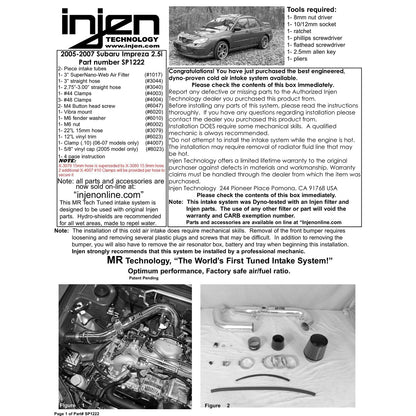 Injen Black Cold Air Intake | Subaru Impreza RS 2.5L-4cyl (05-07) (SP1222BLK)
