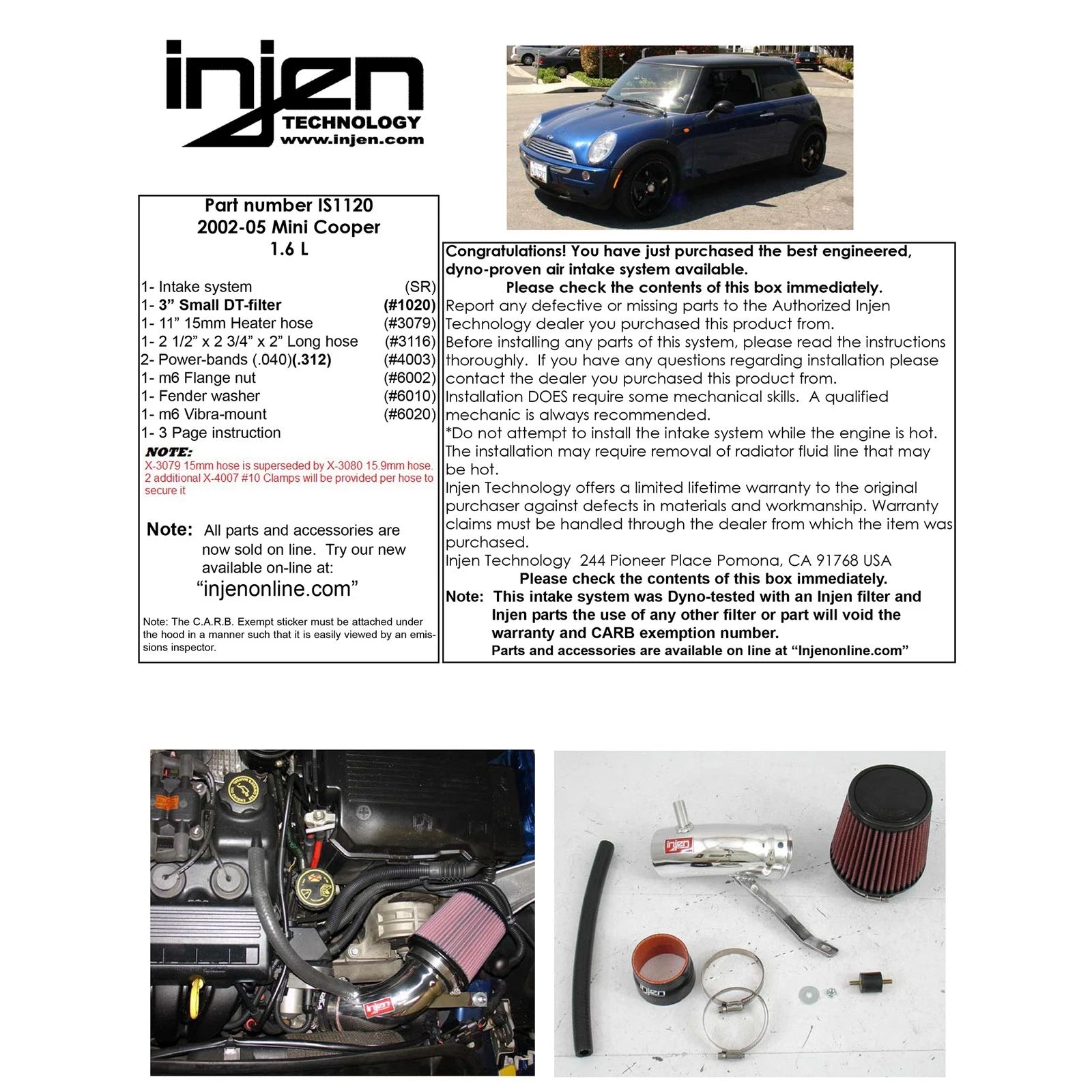 Injen Short Ram Cold Air Intake System | Mini Cooper (01-07) (IS1120BLK)