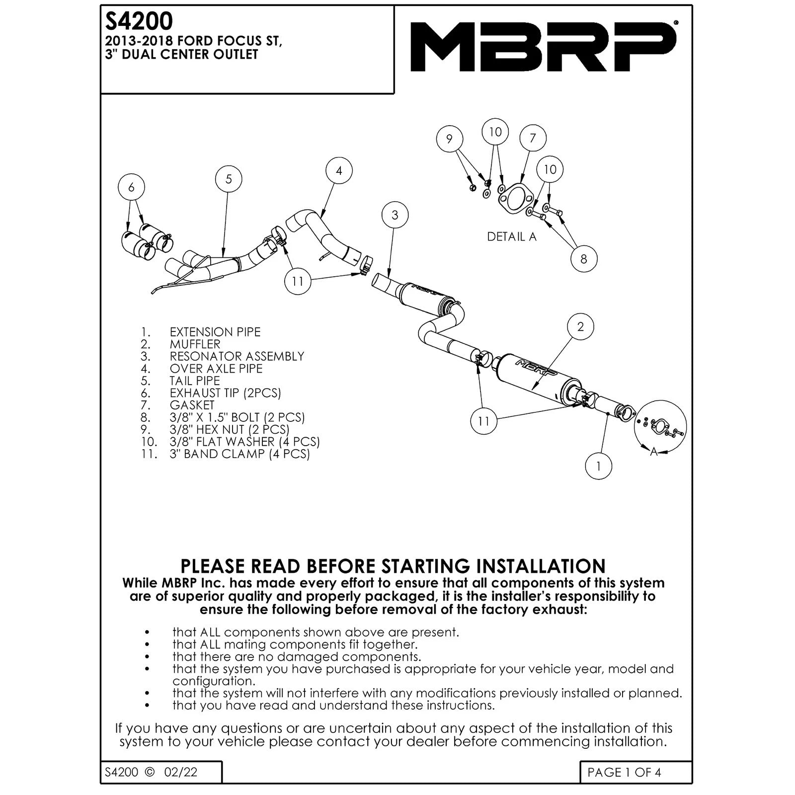 MBRP 3in T409 D&S Cat-Back Exhaust | Ford Focus ST 13-17 (S4200409BT)