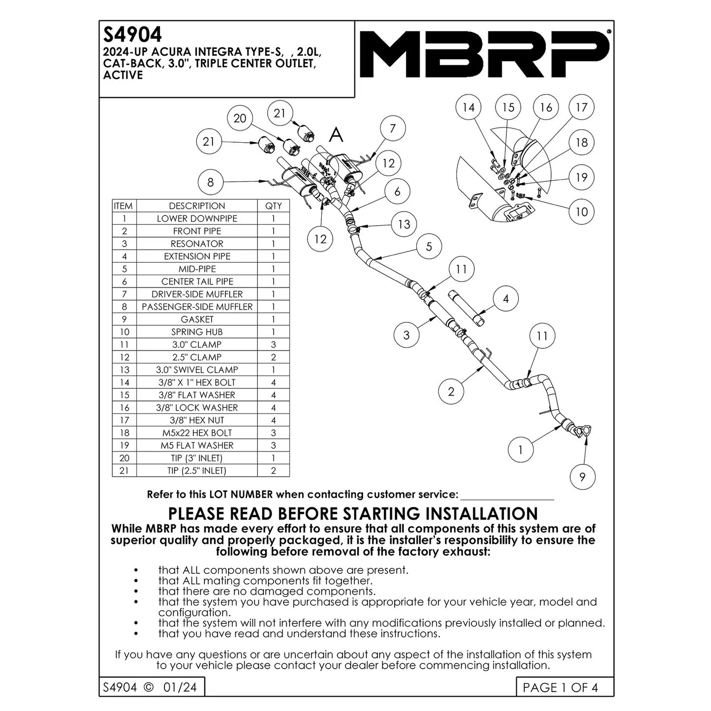 MBRP S49043BE Stainless Cat Back Exhaust System for 2024-26 Integra Type-S 2.0L