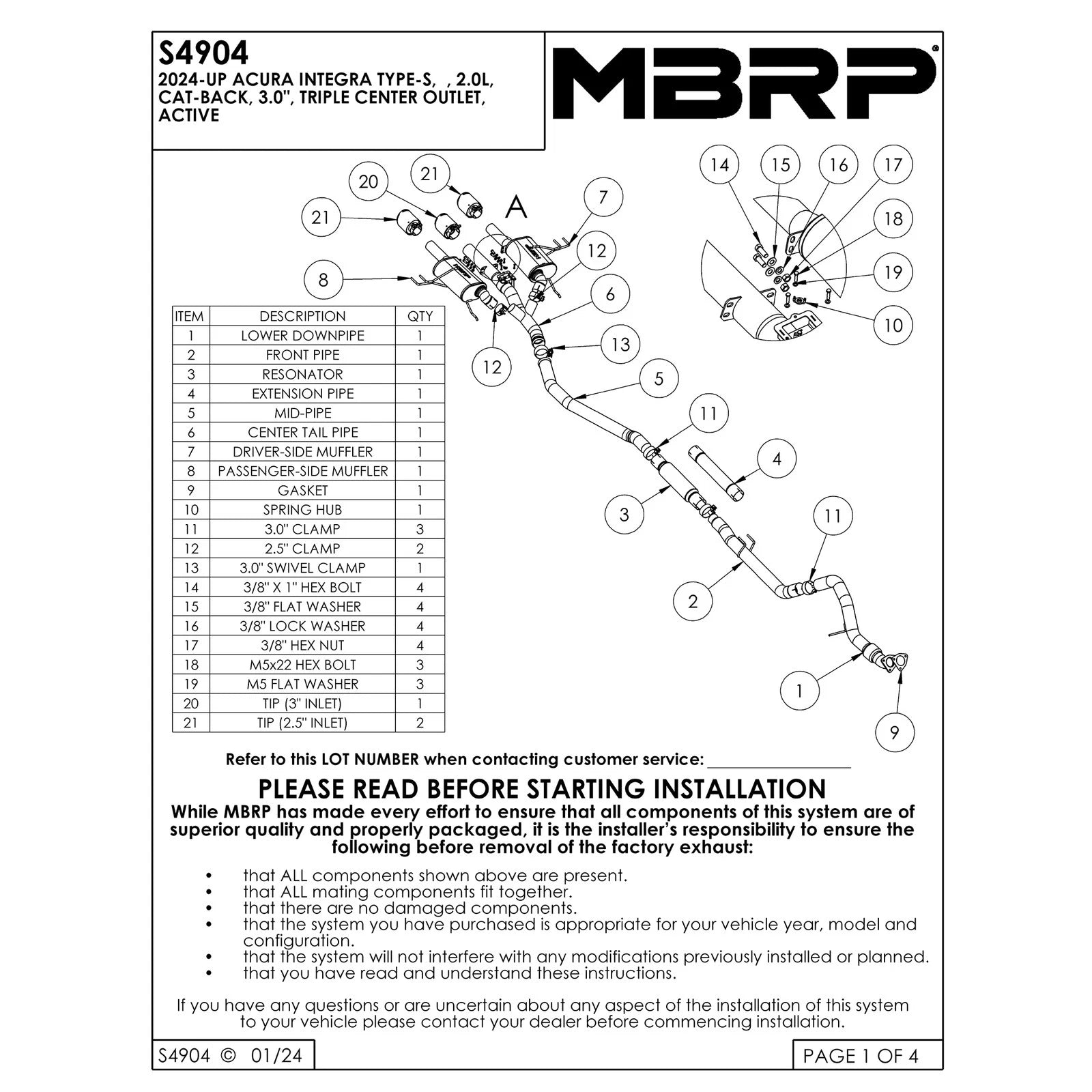 MBRP S49043BE Stainless Cat Back Exhaust System for 2024-26 Integra Type-S 2.0L