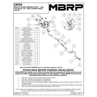 MBRP S49043BE Stainless Cat Back Exhaust System for 2024-26 Integra Type-S 2.0L