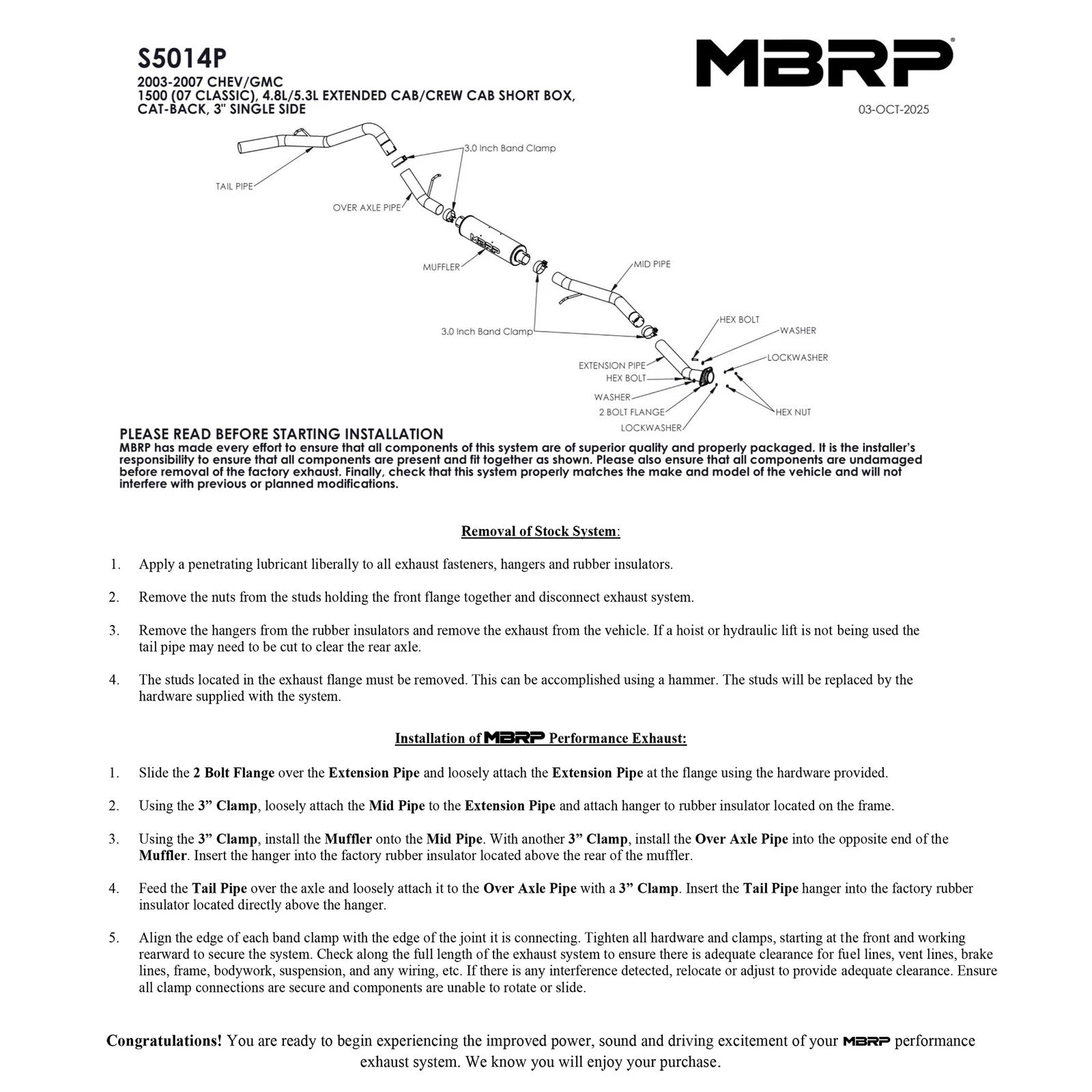 MBRP 3in. Cat-Back Single Side Exit AL Exhaust | Chev/GMC 1500 Classic (03-07) (S5014AL)