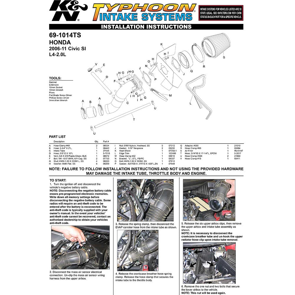 K&N Silver Typhoon Short Ram Intake | 2006-2011 Honda Civic Si (69-1014TS)
