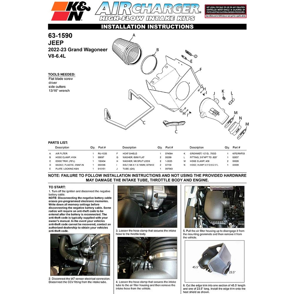 K&N 2022 Jeep Grand Wagoneer V8-6.4L Performance Air Intake System | Jeep Grand Wagoneer (22+) (63-1590)