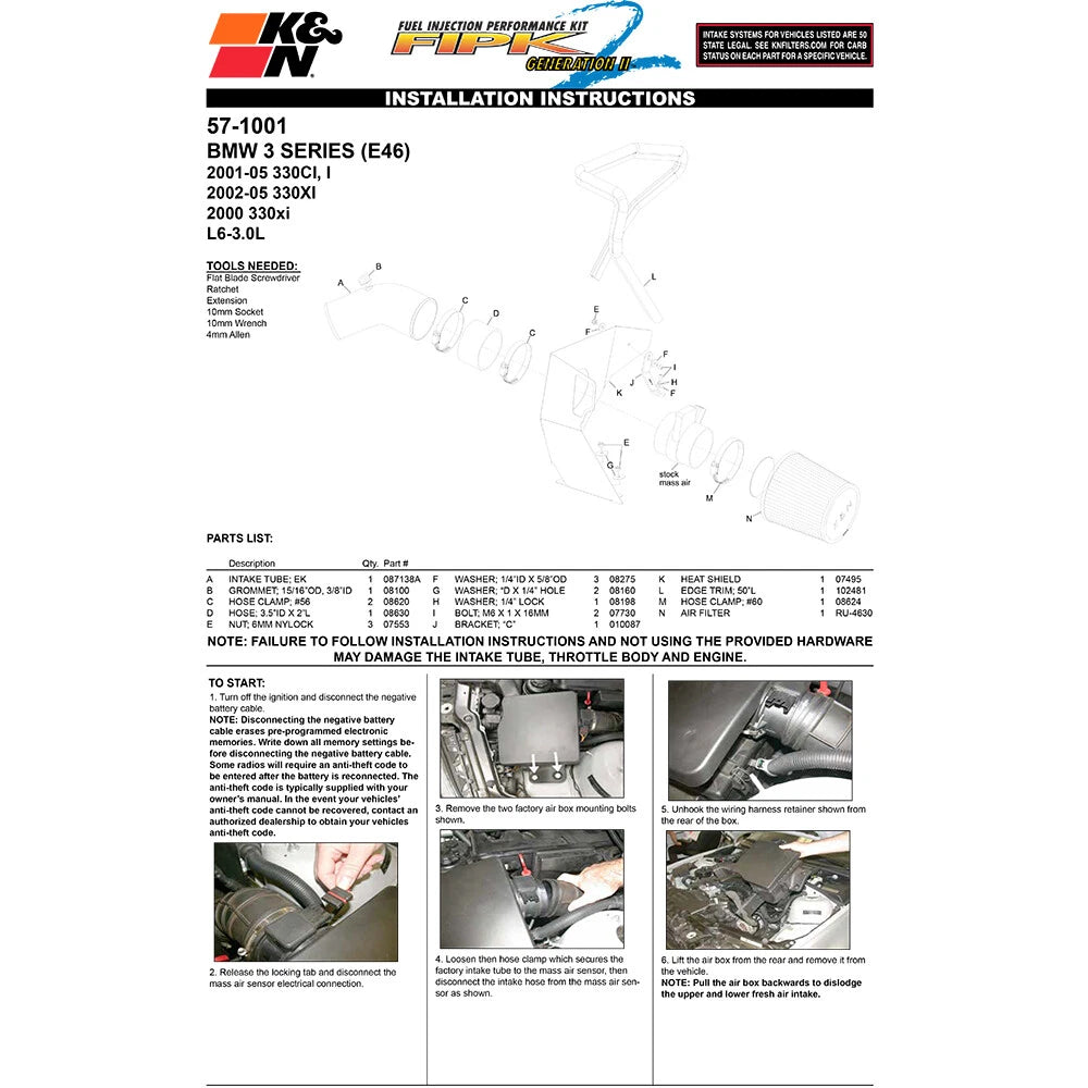 K&N Engineering Performance Intake Kit: BMW 330 L6-3.0L E46 2000 - 2005