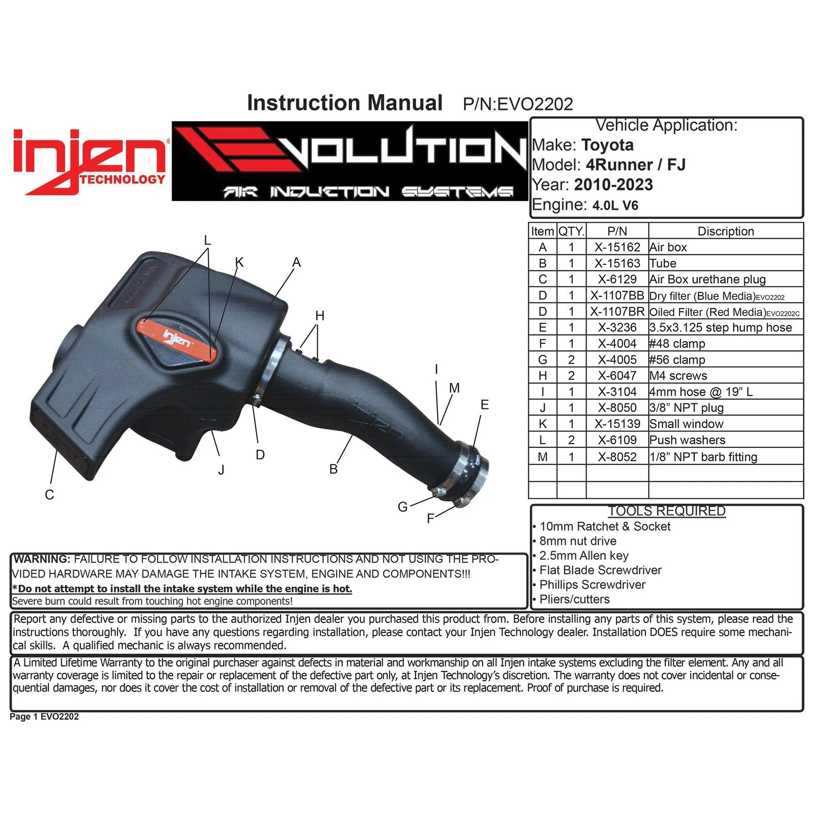 Injen Evolution Cold Air Intake | Toyota 4Runner (03-09) / Tacoma (04-15) / FJ Cruiser (07-23) / Lexus GX460 (09-23) / 4Runner (09-24) (EVO2202)