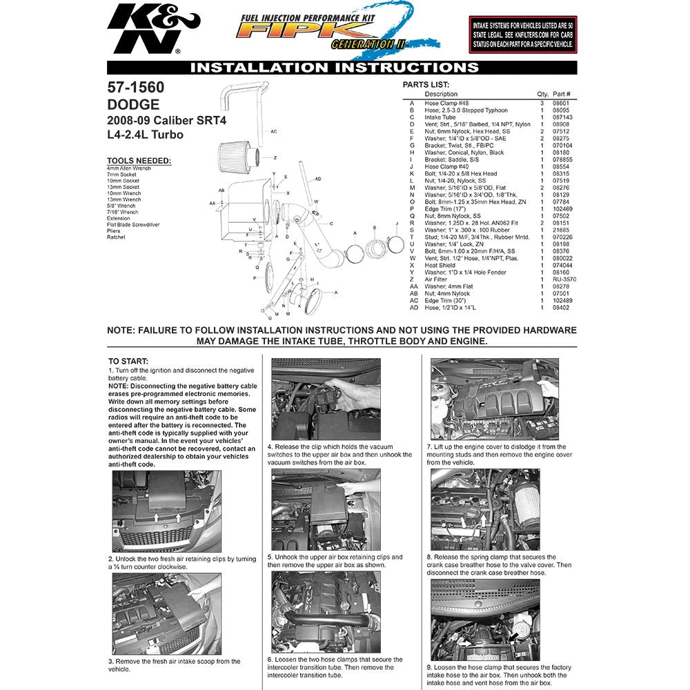 K&N Engineering Performance Intake: Dodge Caliber SRT-4 (L4) 2008 - 2009 2.4L
