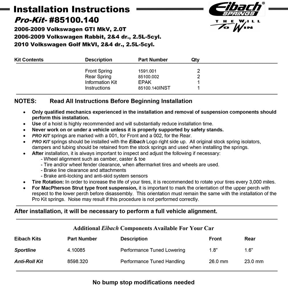 Eibach Pro-Kit Springs | VW Golf/GTI/Rabbit (06-14) (85100.14) (85100.140)